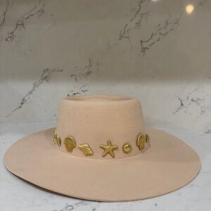 Lack Of Color Blush Felt Wide-Brim Hat with Gold Shell Embellishments
